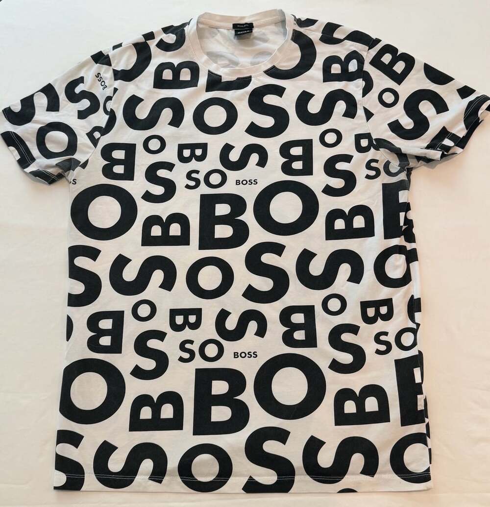 HUGO BOSS Regular Fit All-Over Logo Print T-Shirt White Black Size L 888